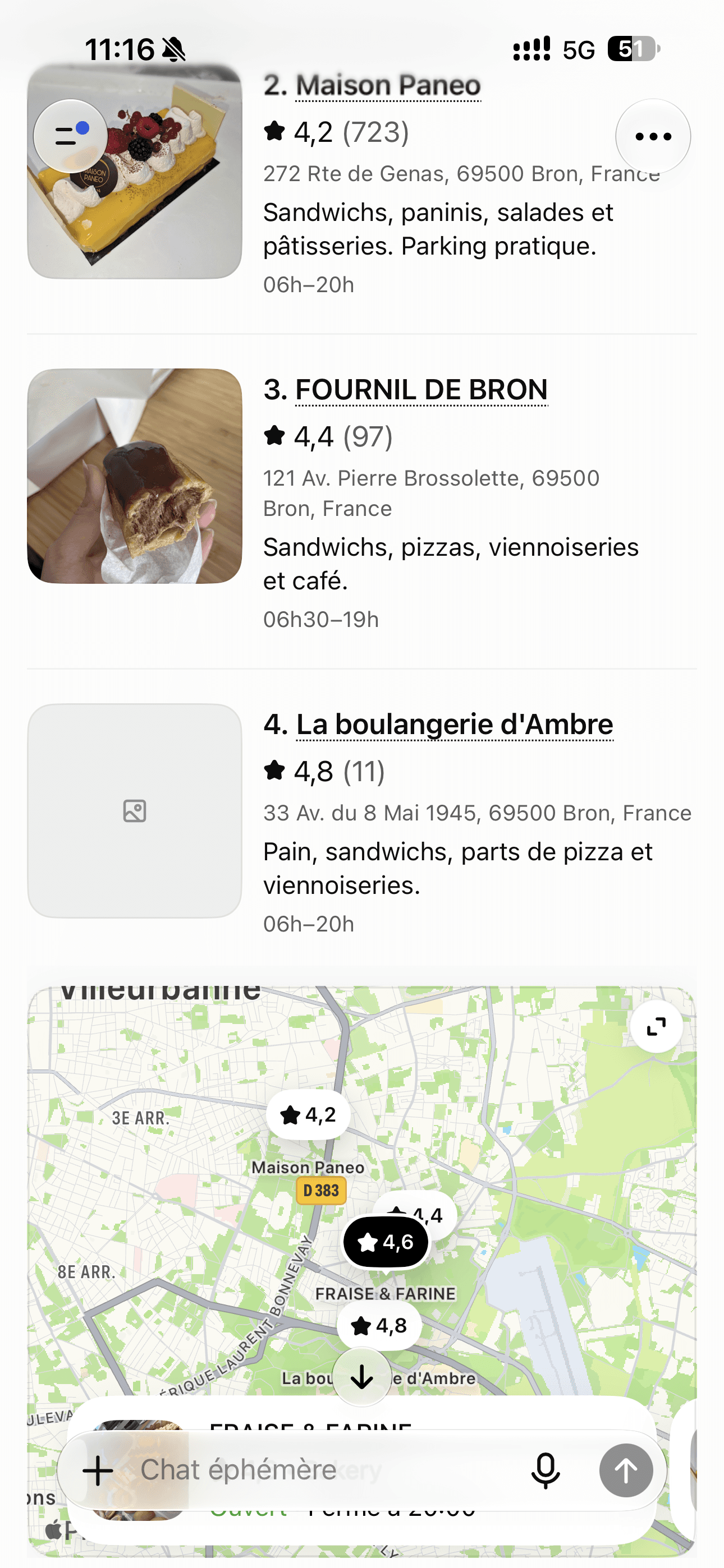 Extrait d’une réponse d’assistant IA : La boulangerie d’Ambre, 33 avenue du 8 Mai 1945 à Bron, pain, sandwichs, parts de pizza et viennoiseries.