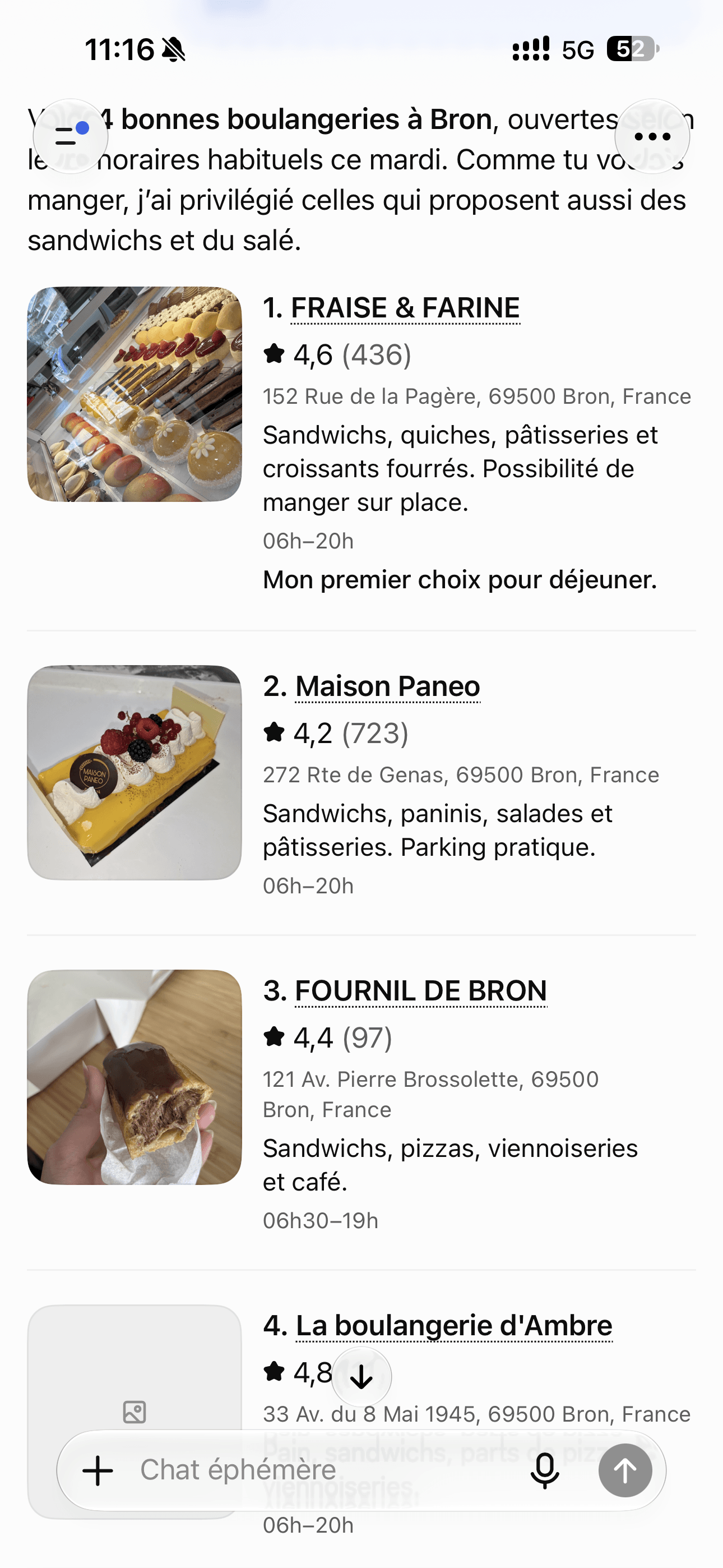 Première capture complète : une réponse d’assistant IA présente quatre boulangeries à Bron, dont la Boulangerie d’Ambre.